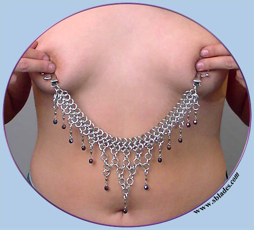 Amira nipple jewelry shown w/mini-clips and iridescent purple