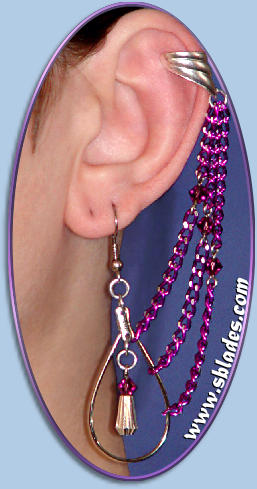 Comet earring shown w/cuff, Purple Austrian crystals & chains
