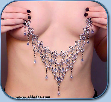 Crystalweave nipple jewelry shown in aluminum w/sapphire blue beads
