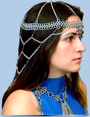 Mid-length Amira headdress shown w/iridescent green beads