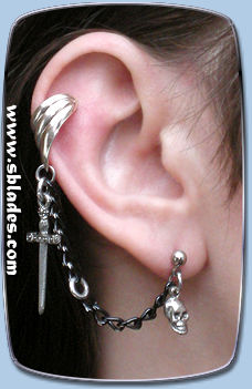 Blade ear cuff earring, Gothic pirate earcuff chains, Halloween punk