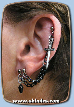 Blade earcuff earring, Double-pierced w/upper-stud black points