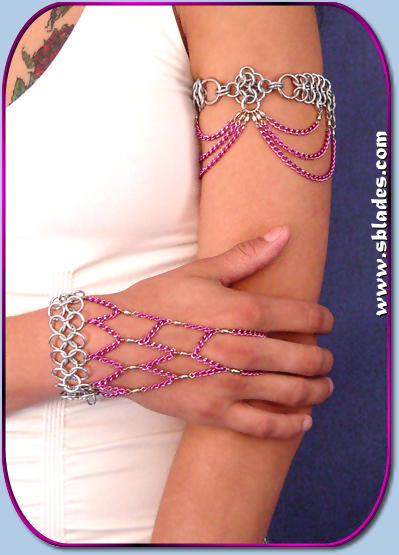 Colorful chain armband steel shown in purple chain & nickel beads, Shown w/a Coloful Slave Bracelet