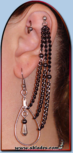 Comet earring shown w/upper-stud, Black chains & Hematite